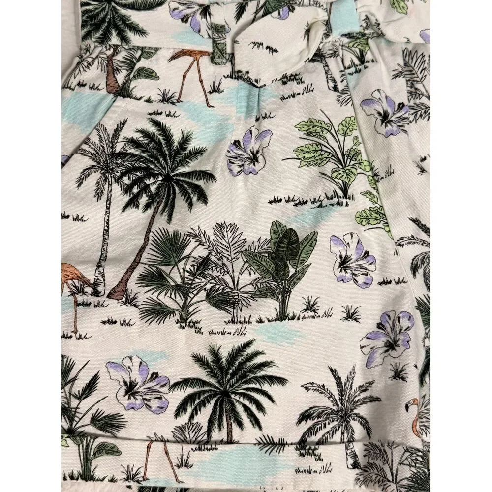 Janie and Jack White Tropical Palm Print Cotton Smocked Shorts Flamingo Girls 12